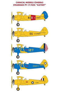 CD48063 Caracal Models 1/48 Stearman PT-17 Kaydet / N2S "Kaydet": This decal sheet provides accurate markings for the new Revell kit of the legendary Kaydet trainer.