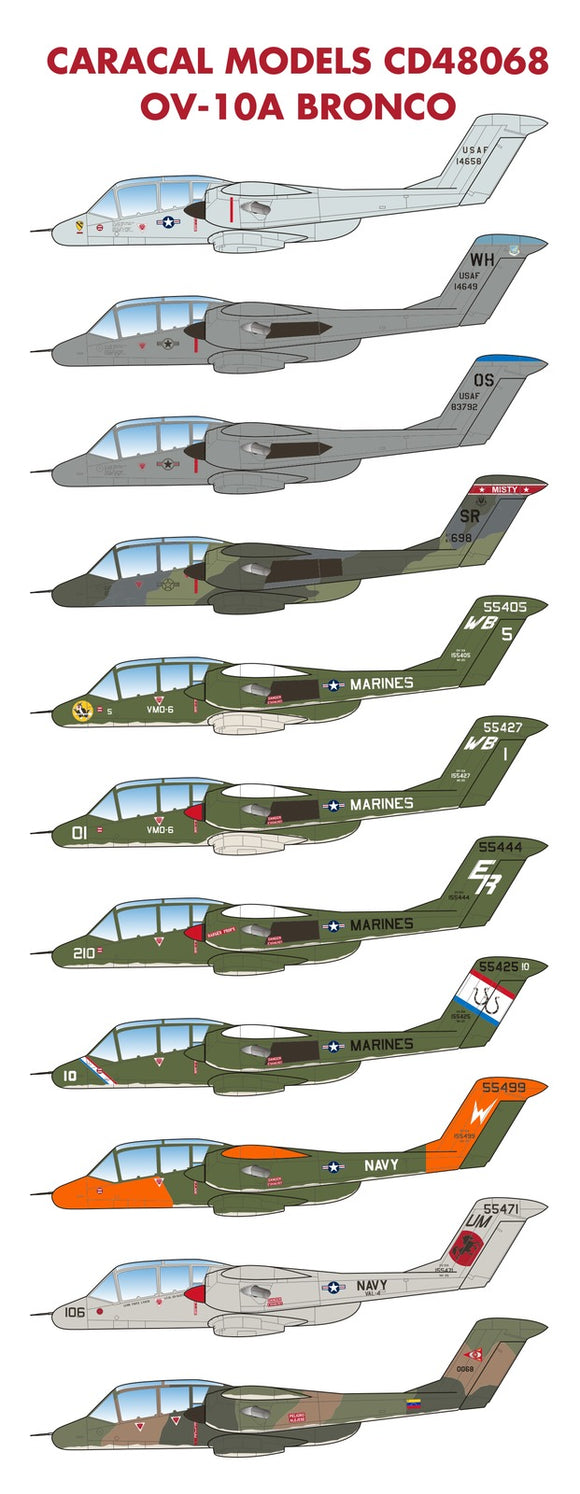 CD48068 Caracal Models 1/48 North-American/Rockwell OV-10A Bronco .Decal sheet for the Bronco provides a wide variety of marking options for this important combat aircraft.