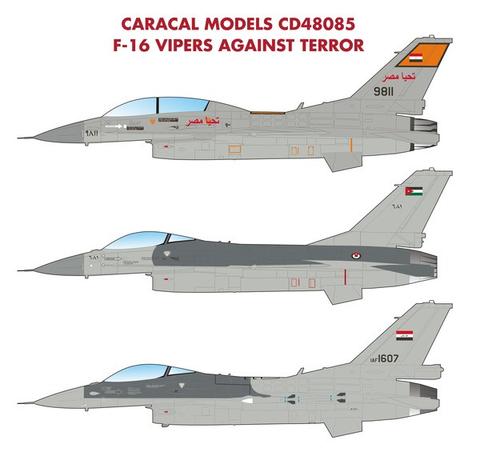 CD48085 Caracal Models 1/48 Multiple marking options for Egyptian, Jordanian and Iraqi F-16s that took part in anti-terror operations over Syria and Iraq.