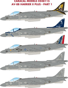 CD48115 Caracal Models 1/48 McDonnell-Douglas AV-8B Harrier II Multiple marking options for the AV-8B Harrier jump-jet AV-8B Harrier II Plus - Part 1. markings for five US Marine Corps aircraft.
