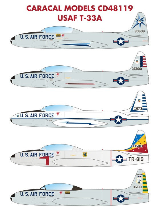 CD48119 Caracal Models 1/48 USAF Lockheed T-33A Shooting Star.markings for T-33 Shooting Stars flown by USAF units
