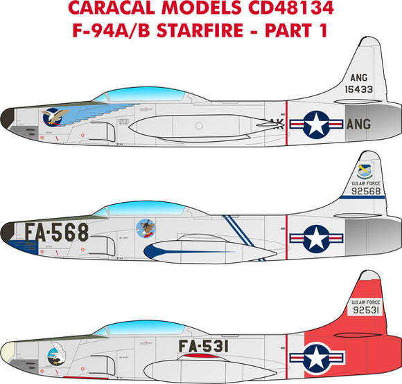 CD48134 Caracal Decals 1/48 Lockheed F-94A/B Starfire Multiple USAF marking options for F-94A/B early jet fighters. (Hobbycraft)