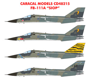 CD48215 Caracal Models 1/48 USAF General-Dynamics FB-111A "SIO Nine marking options for SAC FB-111A in the earlier SIOP camouflage scheme.