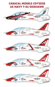 CD72028 Caracal Models 1/72 U.S. Navy T-45 Goshawk. Multiple U.S. Navy marking options for the Testors/Italeri 1/72 T-45 Goshawk kit.