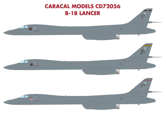 CD72056 Caracal Models1/72 Rockwell USAF B-1B Lancer decal sheet for the B-1B strategic bomber features marking options for seven B-1B Lancers in the current overall gray scheme, each with unique