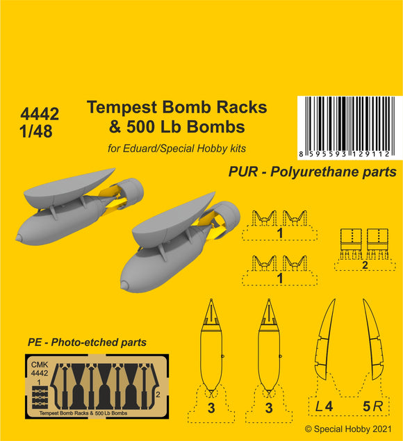 CMK4442 1/48 Hawker Tempest Bomb Racks & 250 Lb Bombs 1/48 (designed to be used with Eduard and Special Hobby kits) Neither Special Hobby/Eduard Mk.II Tempest nor Eduard's Mk.V Tempest contain the bombs and their racks.