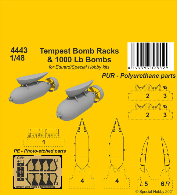 CMK4443 1/48 Hawker Tempest Bomb Racks & 500 Lb Bombs (designed to be used with Eduard and Special Hobby kits) Neither Special Hobby/Eduard Mk.II Tempest nor Eduard's Mk.V Tempest contain the bombs and their racks