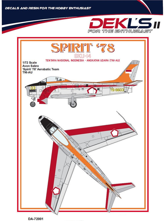 DA72001 DEKL'S 1/72 CAC CA-27 Sabre - Spirit 78 - Indonesian Air Force (TNI-AU)