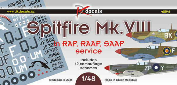 DKD48041 DK Decals 1/48 Supermarine Spitfire Mk.VIII in RAF, RAAF, SAAF service