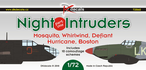 DKD72060 DK Decals 1/72 Night Intruders, Pt.1 (Mosquito, Whirlwind, Defiant, Hurricane, Boston)