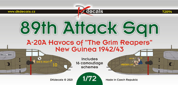 DKD72094 DK Decals 1/72 89th Attack Sq. A-20A Havocs of 'The Grim Reapers' Havocs, New Guinea 1942/43