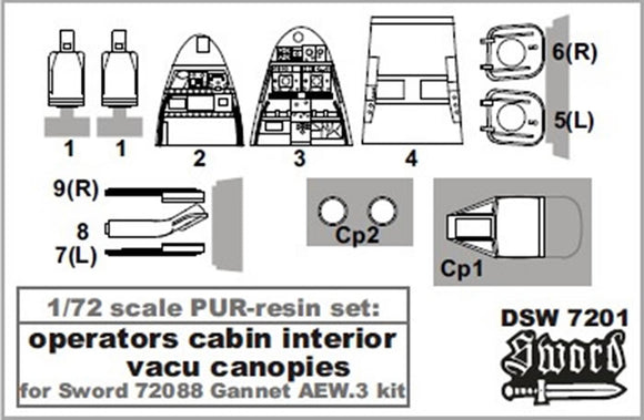 DSW7201 Sword 1/72 Operators Cabin interior Vacu canopies Sword Gannet AEW.3 kit