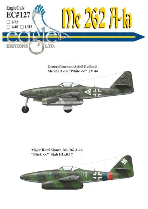 EAG48127 Eagle Cal 1/48 Messerschmitt Me-262A-1a (2) White << JV 44 General Adolf Galland; Black << Green 1 Stab III./JG 7 Major Rudi Sinner red/blue Reich defence bands.