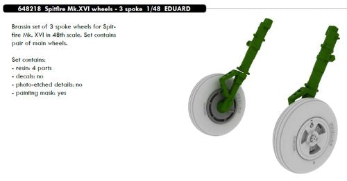 ED648218 Eduard 1/48 Supermarine Spitfire Mk.XVI wheels - 3 spoke (Eduard kits)