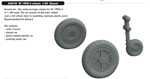 Eduard Brassin ED648720 Messerschmitt Bf-109G-4 wheels with weighted tyre effect 1/48 (designed to be used with Eduard kits) (released January 2022)