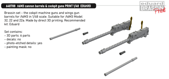 Eduard Brassin ED648788 Mitsubishi A6M3 Zero cannon barrels & cockpit guns 3D PRINTED 1/48 (designed to be used with Eduard kits)