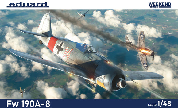 Eduard kits EDK84116 1/48 Focke-Wulf Fw-190A-8 Weekend edition kit of German WWII fighter aircraft Fw-190A-8 in 1/48 scale. - plastic parts: Eduard - No. of decal options: 4 - decals: Eduard - PE parts: no - painting mask: no - resin parts: no