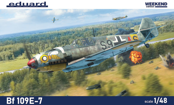 EDK84178 1/48 Messerschmitt Bf-109E-7 Weekend edition kit of German fighter plane in 1/48 scale. - plastic parts: Eduard - marking options: 4 - decals: Eduard - PE parts: yes, bomb tails - painting mask: no - resin parts: no