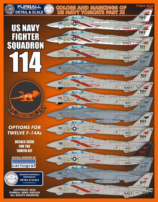 FDS-4820 Furball Aero Design 1/48 Colors and Markings of US Navy Grumman F-14s Part Eleven (F/D&S-4820). This set features options for (12) VF-114 F-14As: