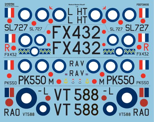 FSD72003S  1/72 'Weekend Warriors' RAuxAF 1948-53. This is a limited re-print This sheet covers RAuxAF options between 1948 and 1953, all operated from South of England airfields. Covering four options, with enough roundels to complete all four.