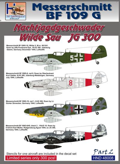 HMD48008 H-Model Decals 1/48 Messerschmitt Bf-109G Nachtjagdgeschwader Wilde Sau Jagdgeschwader JG 300, Pt.2