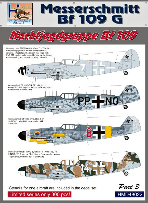HMD48022 H-Model Decals 1/48 Messerschmitt Bf-109G Nachtjagdgruppe Messerschmitt Bf-109, Pt.3