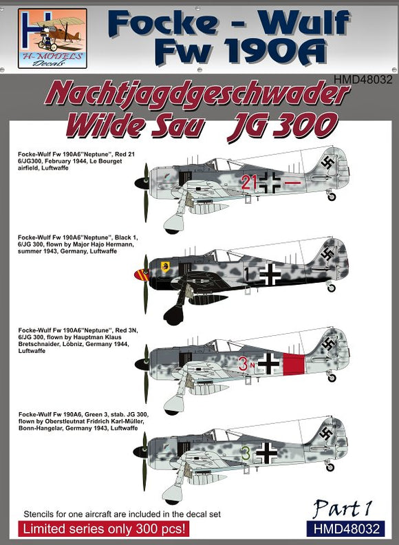 HMD48032 H-Model Decals 1/48 Focke-Wulf Fw-190A NJGschw Wilde Sau Jagdgeschwader JG 300, Pt.1