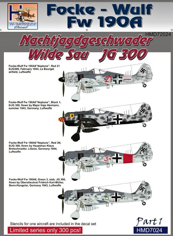 HMD72024 H-Model Decals 1/72 Jagdgeschwader JG 300 Wilde Sau, Pt.1 - Focke-Wulf Fw-190As