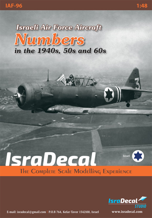 IAF96 IsraDecal Studio 1/48 Numbers for Israeli Air Force aircraft from the 1940s, 50s and 60s. Multiple sheets includes many numbers for many models. 8 pages instruction booklet.