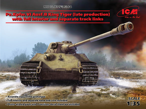 ICM35364 ICM 1/35 Pz.Kpfw.VI King Tiger Ausf.B (late production) with full interior, WWII German Heavy Tank Accurate copy of the original Full interior and separate track links are included Photo-etched parts and 4 versions decal sheet are included