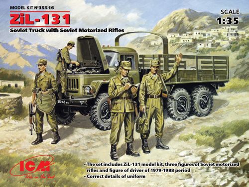ICM35516 ICM 1/35 Soviet ZiL-131 Truck with Soviet Motorized Rifles . The kit consist of ZiL-131, Soviet Army Truck + Soviet Motorized Infantry (1979-1988) (4 figures - 1 officer, 3 soldiers)