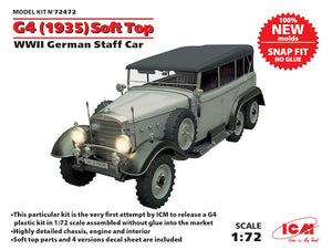 ICM72472 ICM 1/72 G4 (1935 production) Soft Top, WWII German Staff Car, snap fit/no glue