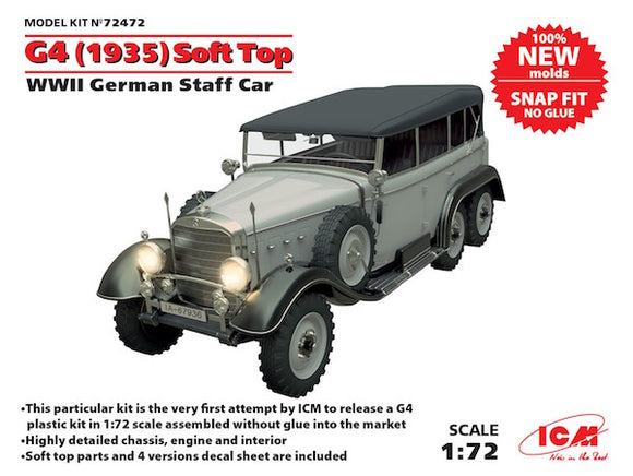 ICM72472 ICM 1/72 G4 (1935 production) Soft Top, WWII German Staff Car, snap fit/no glue