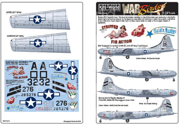 KW172219 Kits-World 1/72 Boeing B-29 Superfortress 42-63466 'Stripped-for-action' 870th BS 20th AF Isley Field Saipan Boeing B-29 Superfortress 42-65276 'Raidin Maiden II' 793rd BS, 468th BG Kharragpur, June 1944.