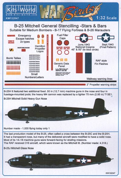 KW32047 Kits-World 1/32 North-American B-25J Mitchell General Stencilling -Stars & Bars suitable for Medium Bombers - B-17 Flying Fortress & B-26 Marauders P-61, suited for the HK Model kits.