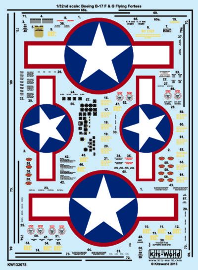 KW32078 Kits-World 1/32 Boeing B-17F/B-17G Flying Fortress Red Outlines Stars and Bars - Comprehensive General stencilling including Cockpit instrumentation
