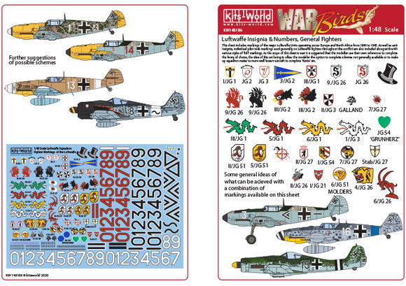 KW148186 Kits-World 1/48 Luftwaffe Squadron Fighter Markings of the Luftwaffe. This sheet includes markings of the major Luftwaffe Units operating across Europe and North Africa from 1940 to 1945.
