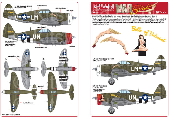 KW148200 Kits-World 1/48 Republic P-47D Thunderbolts razorbacks. This sheet includes markings to complete a selection of two 'Razorback' P 47s of the 56th Fighter Group lead by the US ace Colonel Hub Zemke.