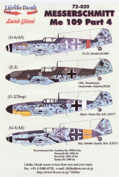 LL72020 Lifelike Decals  1/72 Messerschmitt Bf-109 Part 4 (5) $16.00