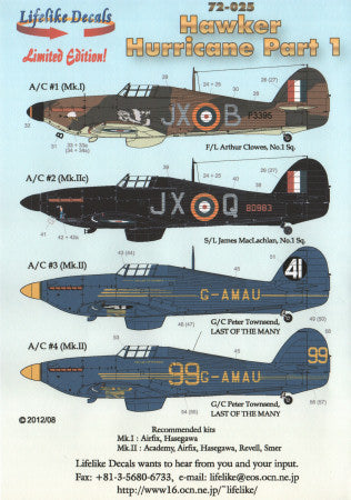 LL72025 Lifelike Decals  1/72 Hawker Hurricane Mk.I/Mk.II/Mk.IIC Pt 1 (4)