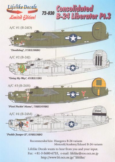 LL72030 Lifelike Decals  1/72 Consolidated B-24 Liberator Part 4.