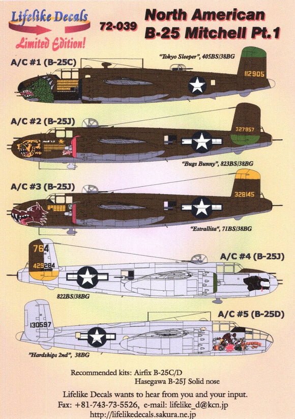 LL72039 Lifelike Decals  1/72 North-American B-25C/D Mitchell Part 1 NEW TOOLING 2018 and Hasegawa B-25J