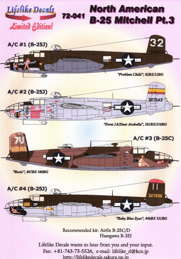 LL72041 Lifelike Decals  1/72 North-American B-25C/D Mitchell Part 3 NEW TOOLING 2018 and Hasegawa B-25J mainly MTO B-25