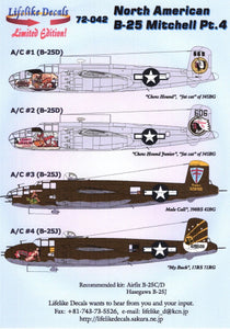 LL72042 Lifelike Decals  1/72 North-American B-25C/D Mitchell Part 4 For Airfix NEW TOOLING 2018 and Hasegawa B-25J Mitchell