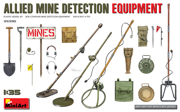 MT35390 1/35 Kit Contains Models of Mine Detection Equipment. 4 Types of Allied Metal Detectors (Soviet, British/Polish and US), 2 Types of German Mines, Bags, Marking Flags. Decal Sheet is Included.