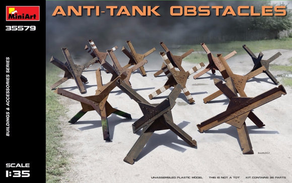 MT35579 1/35 Re-released! Anti-tank Obstacles. Kit contains 36 parts for assembling 12 models of Anti-tank Obstacles.