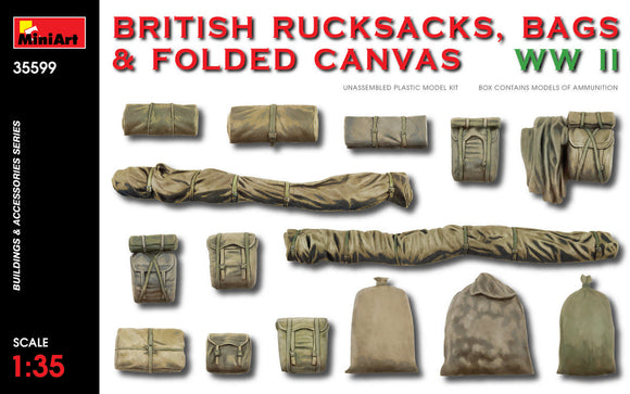 MT35599 1/35 Re-released! BRITISH RUCKSACKS, BAGS & FOLDED CANVAS WWII Box contains models of British Ammunition.