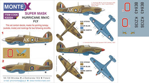 MXK32324 Montex 1/32 Hawker Hurricane Mk.IIC (designed to be used with (Fly kits) 2 canopy mask (interior and exterior canopy frame mask) insignia and markings masks + decals