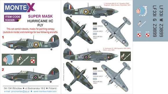 MXK32326 Montex 1/32 Hawker Hurricane Mk.IIC (designed to be used with (Fly kits) 2 canopy mask (interior and exterior canopy frame mask) insignia and markings masks + decals
