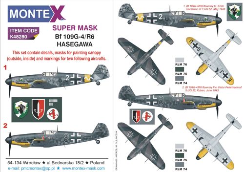 MXK48280 Montex 1/48Description:Messerschmitt Bf-109G-4 2 canopy masks (interior and exterior canopy masks) + insignia and markings masks + decals (Hasegawa kits)